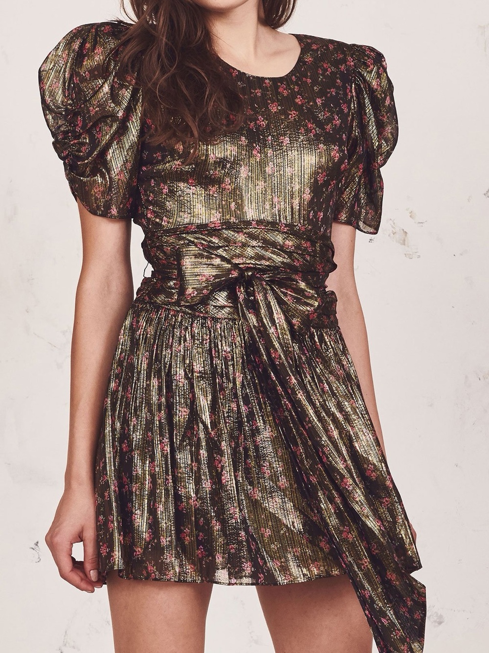 LoveShackFancy Mercy metallic floral silk puff sleeve mini dress Midnight Vine